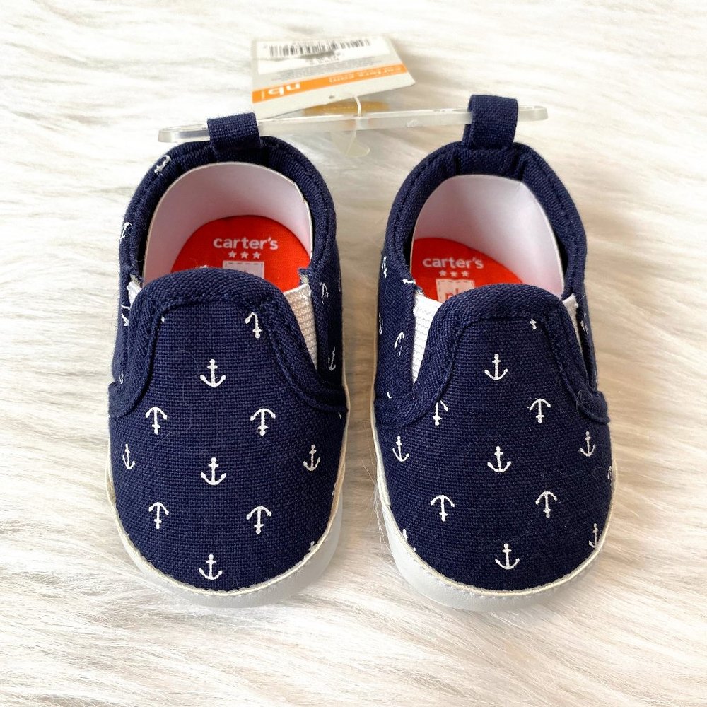Carter's Navy Blue Nautical Crib Shoes Newborn - Picture 1 of 4